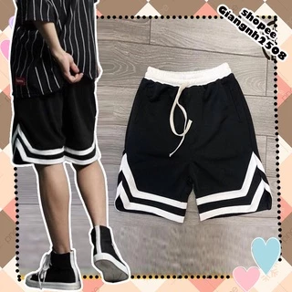 Q009 Quần đùi sooc thun nam nữ ống rộng thể thao, quần short bóng rổ unisex xẻ V form to đen vạch trắng cá tính