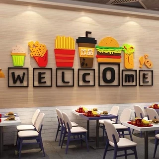 Tranh dán tường mica dán nổi welcome đồ ăn mẫu mới trang trí quán ăn, cafe, trà sữa, ăn vặt