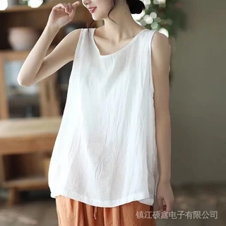 Áo Cotton Lanh Không Tay Dáng Rộng Màu Trơn Phong Cách Mới Dễ Phối Đồ Cho Nữ