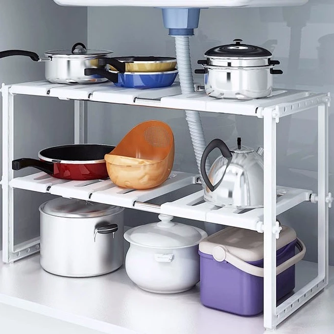 Kệ Để Xoong Nồi Gầm Bếp 2 Tầng Đa Năng, Kệ Để Đồ Nhà Bếp Điều Chỉnh Được Chiều Ngang Khung INOX Chịu Lực