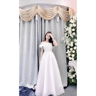 Váy cưới xoè trắng bồng bềnh , váy trễ vai sang trọng
