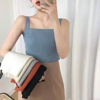 Áo Croptop Dệt Kim Nữ Sát Nách Cổ Vuông Màu Trơn Gợi Cảm