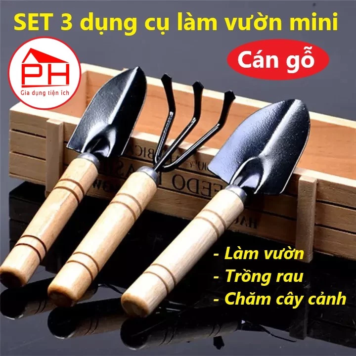 Bộ 03 Dụng cụ làm vườn mini cán gỗ (Xẻng+Bay+Cào đất) dùng trồng rau trồng hoa chăm cây cảnh - Gia dụng Phước Hòa