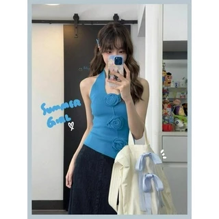 Phong cách Trung Quốc mới Hot Girl Lake Blue Handmade Rose Halterneck Dây dệt kim Vest