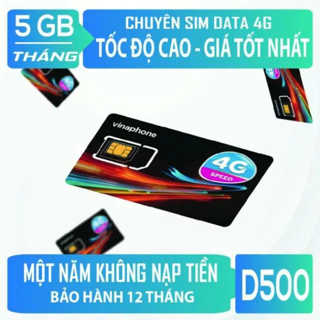 Sim Vina D500 Trọn Gói 1 Năm Sim 4G VinaPhone KM 5G/tháng 60gb/năm - ko cần nạp thẻ