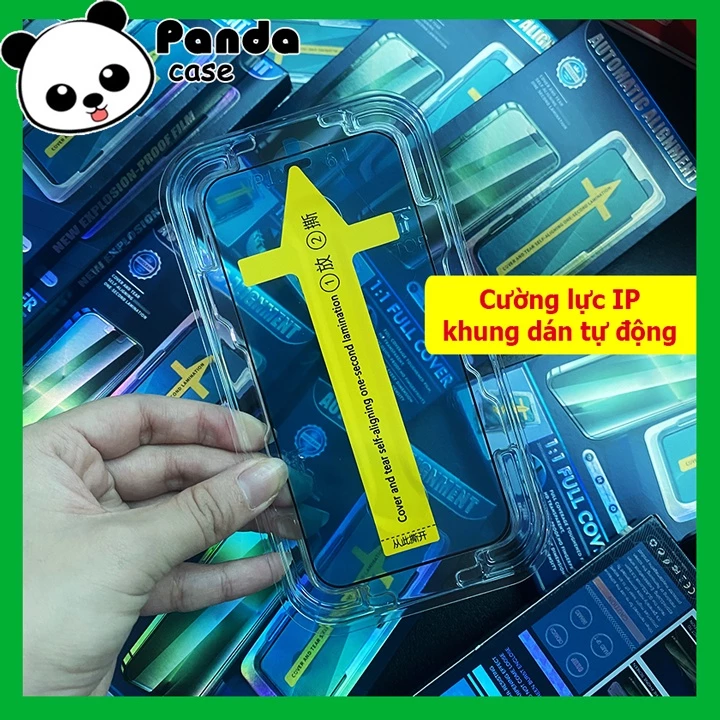 Kính cường lực iphone khung dán tự động, tự dán tại nhà cực dễ dàng, viền đen mỏng, chống bám bụi khi dán -Panda Case