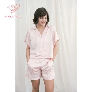 Bộ đồ ngủ lụa Pijamas Pink Stull tay ngắn quần ngắn sọc hồng