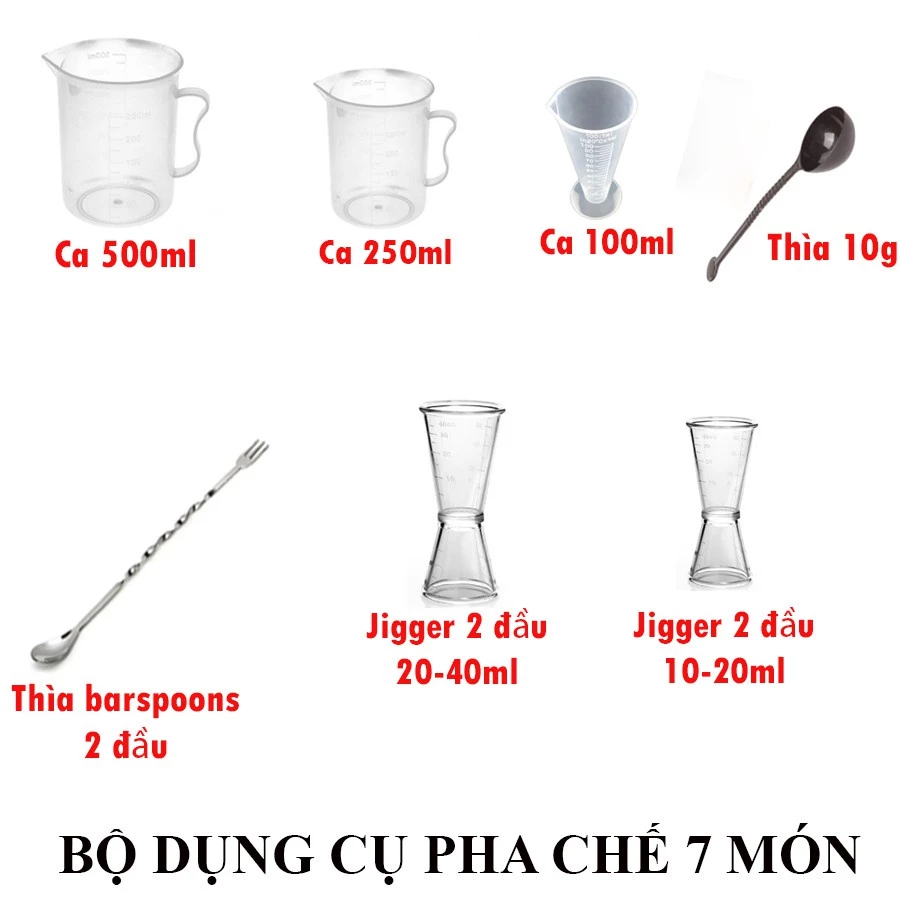 Combo pha chế gồm 1 zig 10/20+1zig20/40+1 thìa bar 26cm+1 thìa đong 10g+ly đong 100ml nhọn+1 ca 250ml +ca 500ml