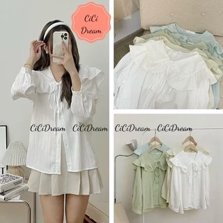 Áo sơ mi cổ bèo babydoll buộc nơ tiểu thư