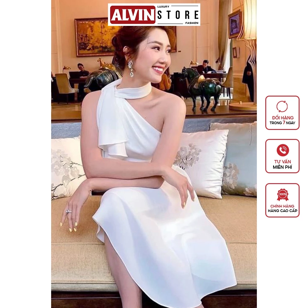 Đầm Xoè Lệch Vai Choàng Cổ Thiết Kế Bèo Nhún Sang Trong Thích Hợp Dự Tiệc. Alvin Store 0882
