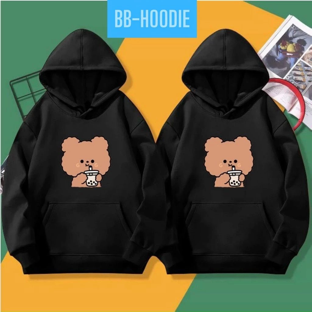 ÁO HOODIE NỈ PHOM NAM NỮ IN GẤU UỐNG TRÀ SỮA CỰC ĐẸP