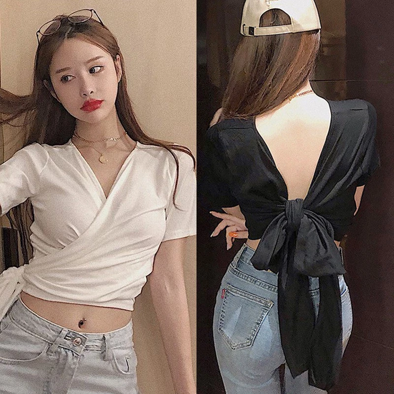 Áo Croptop tay ngắn cổ chữ V thiết kế hở lưng quyến rũ