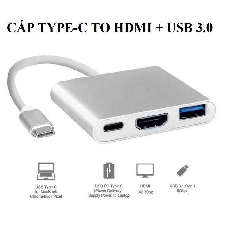 Cáp chuyển đổi tín hiệu âm thanh và hình ảnh từ Typec sang HDMI + USB3.0 cho máy tính điện thoại kết nối tivi máy chiếu