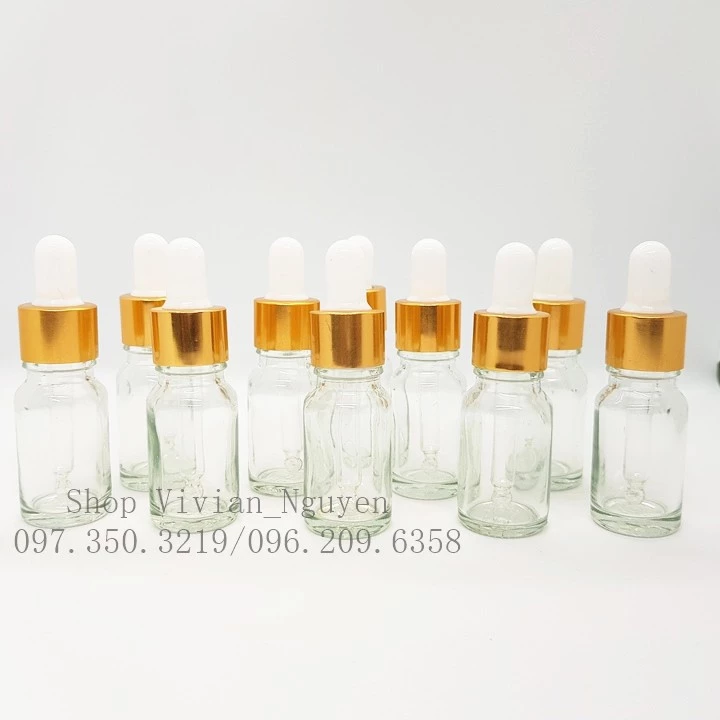 Chai đựng Tinh Dầu, Serum 10ml, Thuỷ Tinh Trong suốt, Nắp Bóp Nhôm Vàng