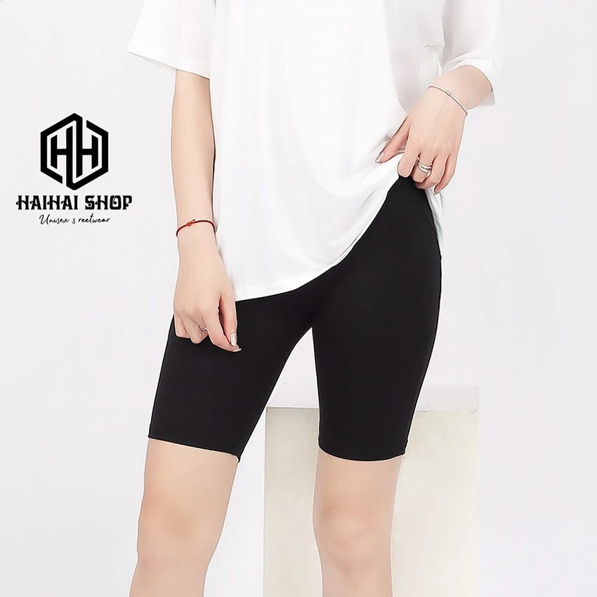 Quần legging lửng vải thun cao cấp biker nữ đùi ngố đồ mặc nhà dáng ôm bó lưng thun tập gym yoga