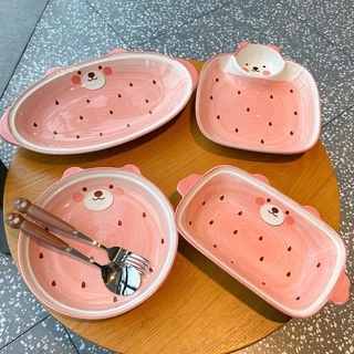 Bộ chén bát đĩa sứ gấu hồng dễ thương cao cấp bát đĩa sứ decor