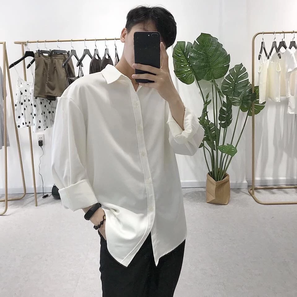 ÁO SƠ MI TAY DÀI Nam Nữ Màu Đen Và Trắng Form Rộng Chất Vải Lụa thoáng mát