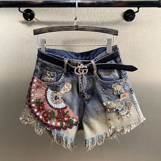 Quần Short Denim Rách Đính Đá Kim Cương Giả Có Lỗ Hình Ảnh Cho Nữ 7380