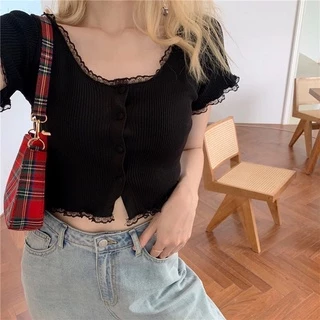 Áo Croptop Thun Phối Nút Bigsize, Áo Nút Ngực Viền Ren Big Size - Smile Bigsize