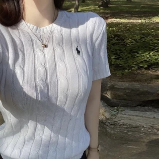 Kii Wii Thời Trang Retro Màu Trơn Đan Cổ Tròn Áo Thun Nữ Tay Ngắn Crop Top