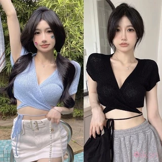 Áo Croptop Dệt Kim Tay Ngắn Cổ Chữ V Cột Dây Phong Cách Hàn Quốc Thời Trang Mùa Hè Cho Nữ