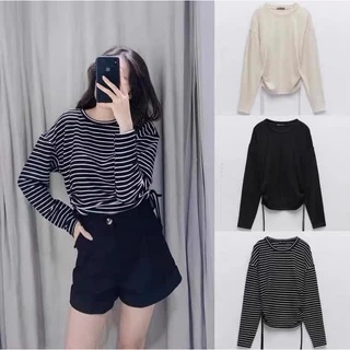 Áo Cotton nữ , Áo Rút Dây Cột Eo Cổ Tròn Dáng Basic Cho Nữ