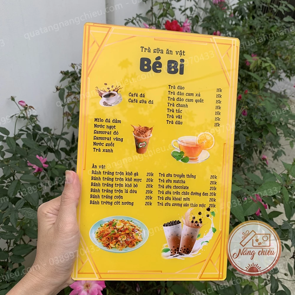 Menu quán trà sữa , ăn vặt , bảng giá quán cà phê, trà sữa, quán ăn in theo yêu cầu , chất liệu mica sáng bóng