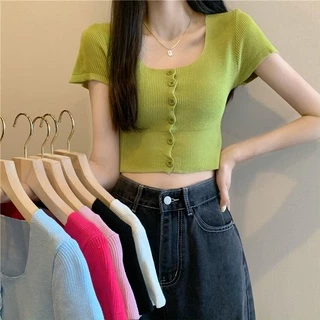 Áo Croptop Dệt Kim Tay Ngắn Cổ Vuông Màu Cầu Vồng Phối Nút Dễ Thương Cho Nữ