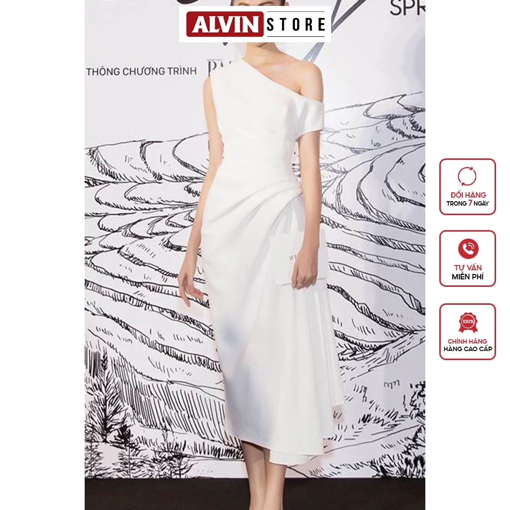 Đầm Xoè Kiểu Lệch Vai Nhún Eo Sang Trọng Dự Tiệc Alvin Store 2556