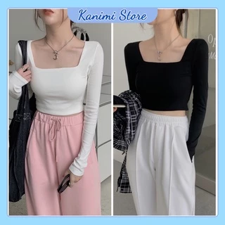 Áo Thun Trơn Cổ Vuông Tay Dài Ôm Body Kanimi, Áo Croptop Nữ Siêu Tôn Dáng Phong Cách Đơn Giản Basic - AD06