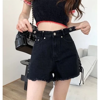 Quần Short Jean Lưng Cao Phối Dây Chéo Màu Đen Thời Trang Dành Cho Nữ 2235