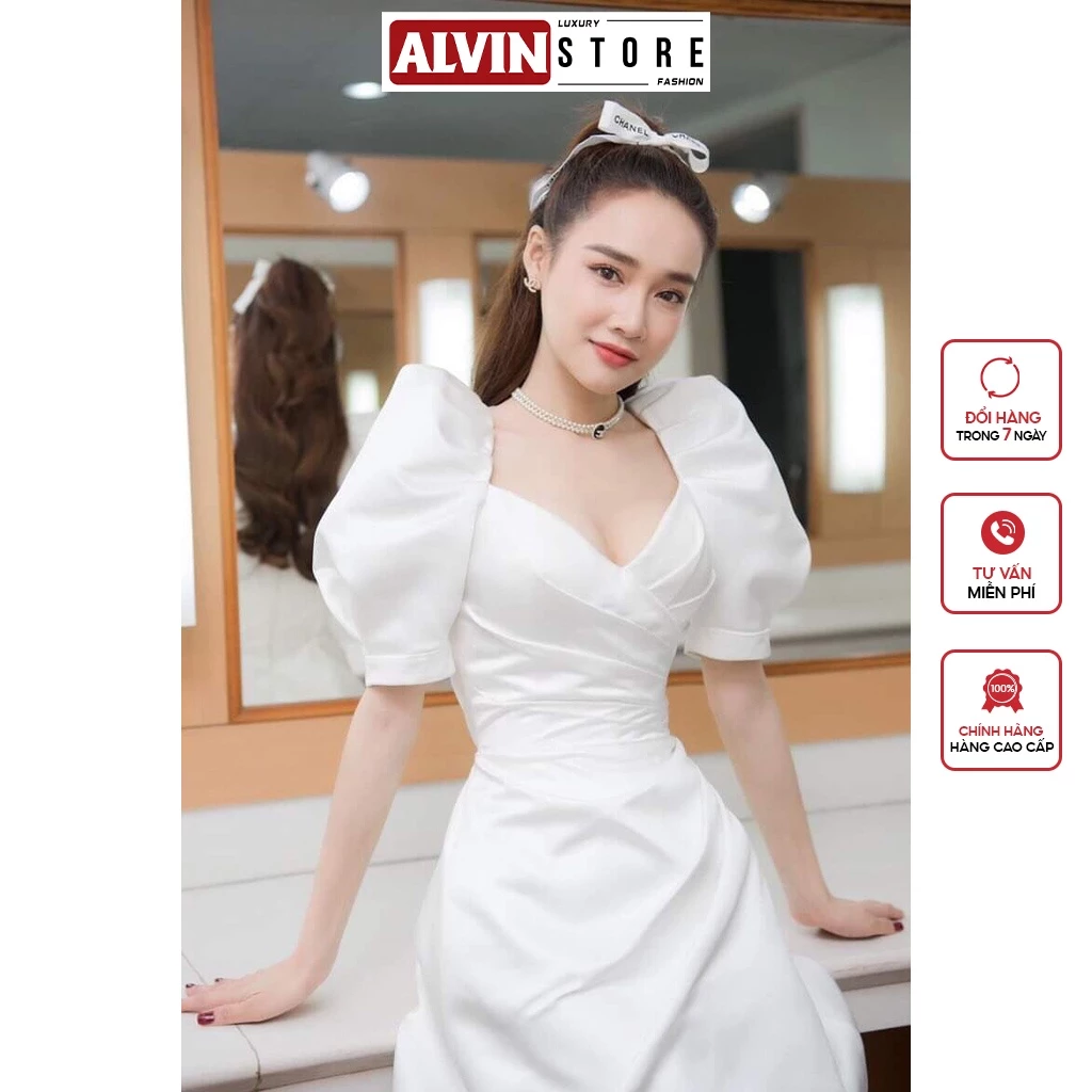 Đầm Dáng Xòe Đắp Chéo Tay Phồng Xếp Ly Eo Năng Động Alvin Store 0960