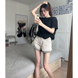 Quần Short Jeans Lưng Cao Ống Rộng Thời Trang Mùa Hè Cho Nữ