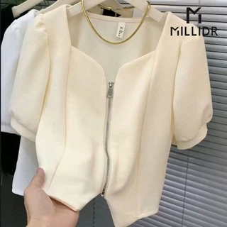 Áo Cardigan Tay Ngắn Cổ Vuông Phối Khóa Kéo Thiết Kế Mới Thời Trang Mùa Hè Dành Cho Nữ