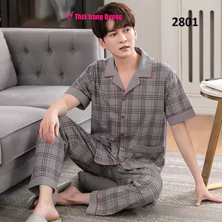 NG2910 Bộ pyjama nam ngắn tay sọc caro vải cotton mềm mại cao cấp hàng nhập - Thời Trang Dương
