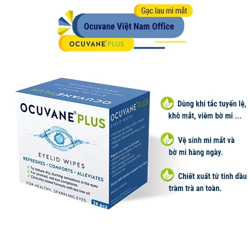 Gạc lau mi mắt Ocuvane Plus dùng cho viêm bờ mi, khô mắt, tắc tuyến lệ; vệ sinh mắt hàng ngày; chiết xuất tinh dầu trà