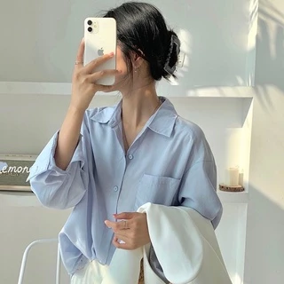 áo sơ mi nữ nam form rộng tay dài trắng 1 túi basic kiểu hàn, áo sơ mi unisex năng động trẻ trung