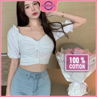 Áo croptop kiểu hàn quốc cổ vuông tay ngắn trễ vai bồng nữ OZENKA , áo croptop ôm body thun gân 100% cotton đen trắng