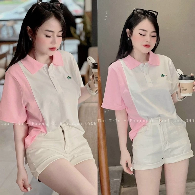 Áo polo nữ phối sọc hồng cổ bẻ chất cá sấu đủ size hàng bán shop