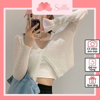 Áo khoác cardigan croptop len mỏng dài tay 1 cúc cổ tim mát nhẹ Hàn Quốc Sollle