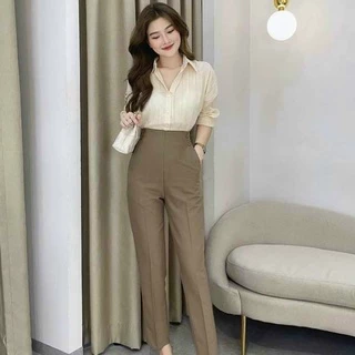 quần baggy[701] quần tây nữ công sở dài cạp liền lưng cao không dãn vải có cúc trang trí bên sườn THUXINHSHOP