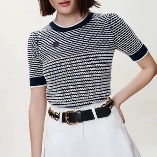 NSRM Maje French style 2022 spring and summer new women's striped hollow round neck design knitted T-shirt top MFPPU00488