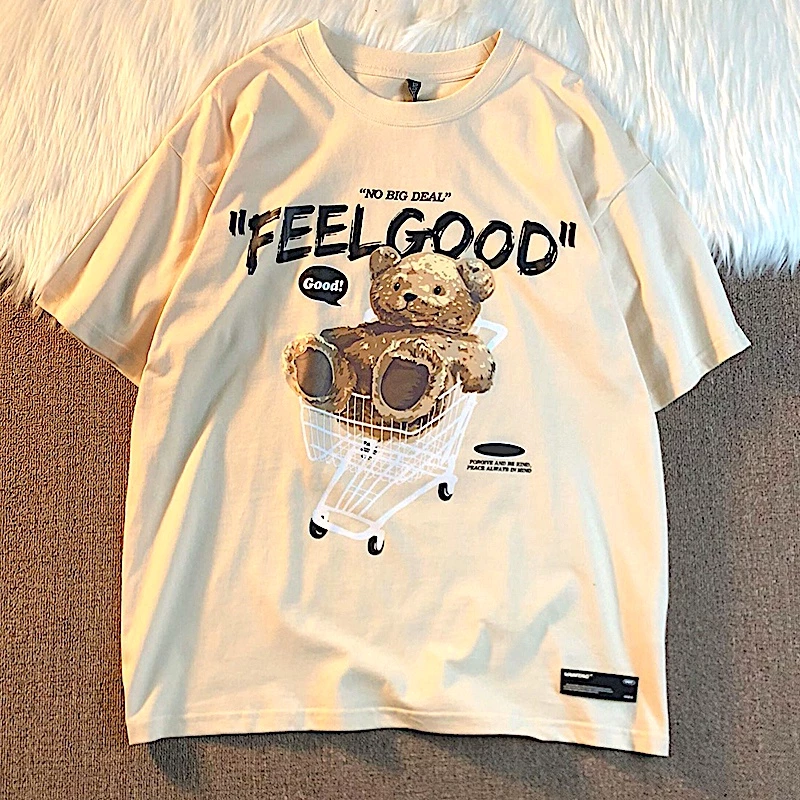 Áo Thun Nam Tay Lỡ HappyFamily Form Rộng Tay Lỡ Graphic Gấu Teddy Fell Good Chất vải cotton 100 cao cấp