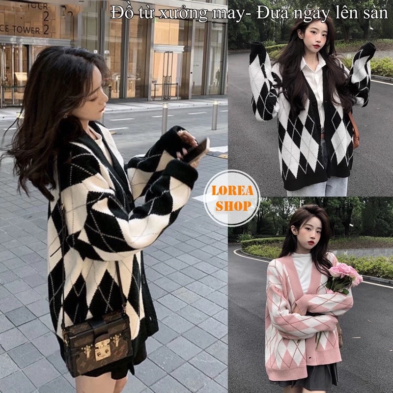Áo Khoác Cardigan Kẻ Thoi Form Rộng Đen/ Hồng Chất Nỉ .