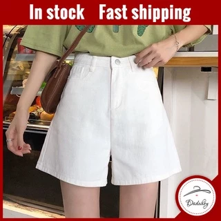 Daduhey Quần short denim ống rộng eo cao thiết kế thời trang phong cách Hàn Quốc