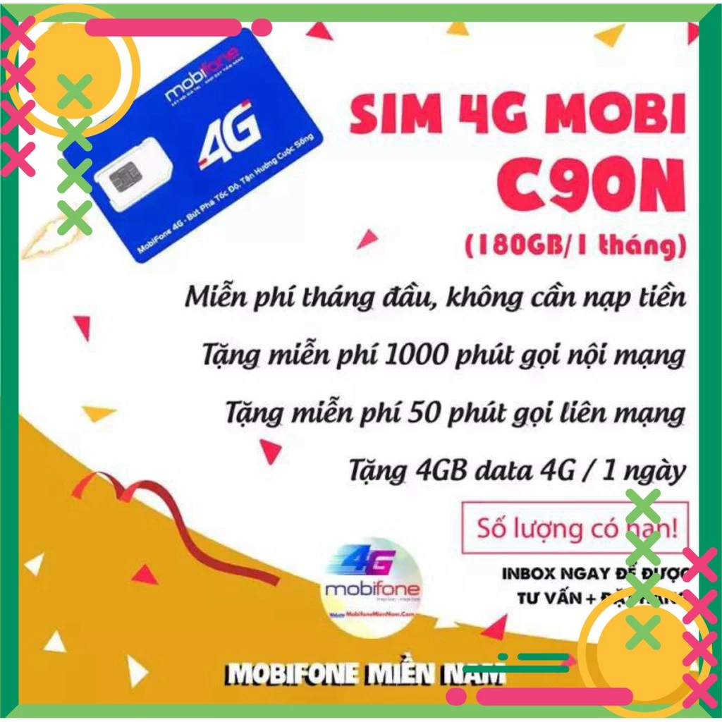 💝FREE 3T💝 Sim 4G Mobifone C90N Có 4Gb/Ngày 1000 Phút Gọi Nội Mạng + 50 Phút Liên Mạng - Phí Duy Trì 90k Khi Hết Chu Kỳ