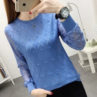 Áo Sweater Dệt Kim Mỏng Dáng Rộng Phối Ren Phong Cách Hàn Quốc Mới