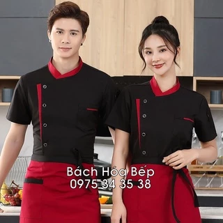 Áo bếp đồng phục ngắn tay màu đỏ, đen, trắng