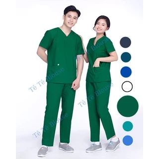 Bộ SCRUBS cổ tim phòng mổ, đồng phục phẫu thuật, Spa, phòng khám, màu XANH LÁ, vải LON mỏng và Thun co giãn cao cấp