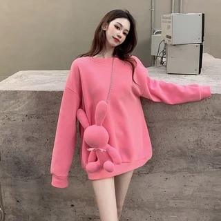 2022 autumn and winter new loose medium-long style solid color round neck pullover thickened sweater female rabbit decorative blouse